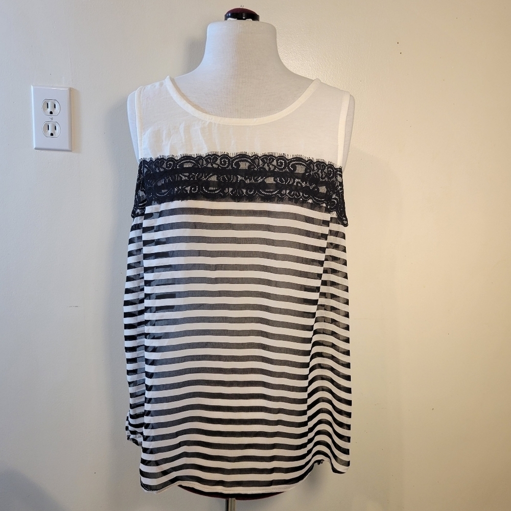Francesca's (Women’s Large) Sheer Black White Striped High Low Tank Top